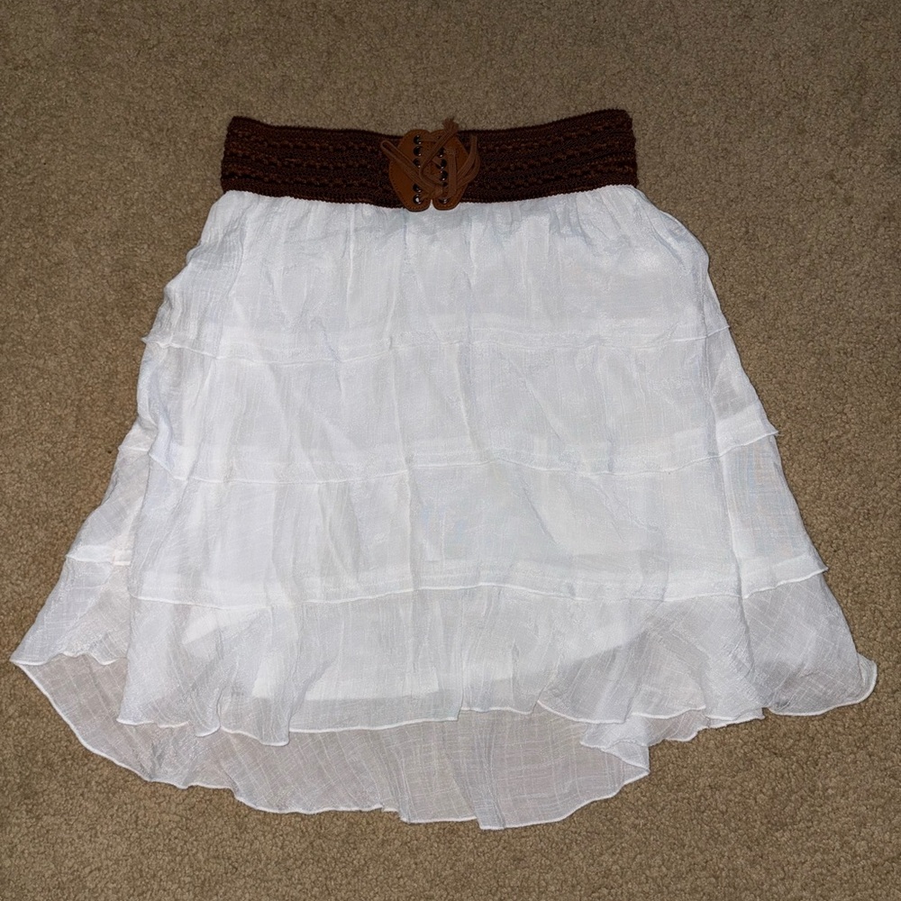 BCX White Tiered A-Line Skirt with Brown Belt